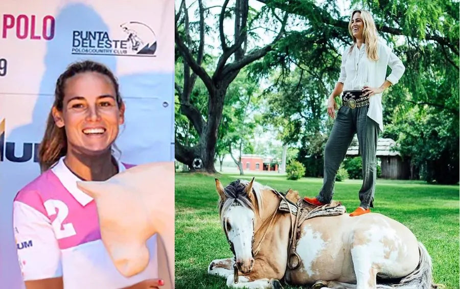 Victoria Rueda en un evento de polo, y de pie sobre su caballo