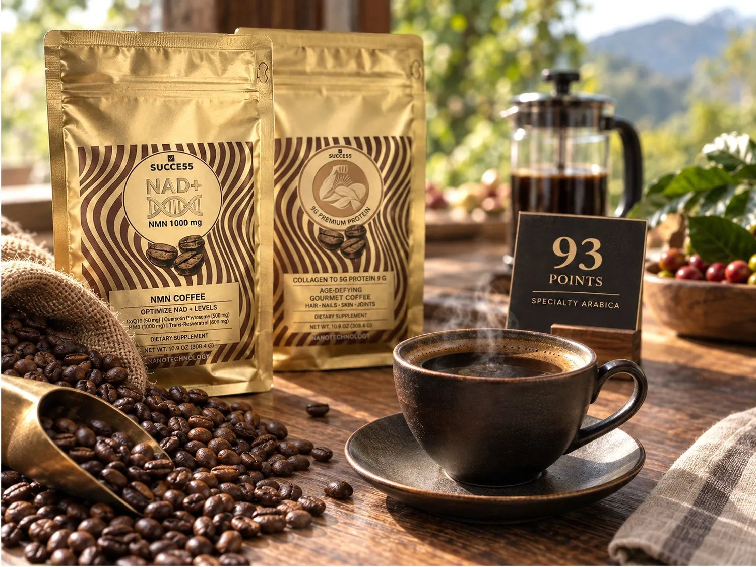Deux sachets de café SUCCE55 — mélanges NMN et Protéines — à côté de grains de café, d’une cafetière à piston et d’une carte « 93 points, Arabica de spécialité »