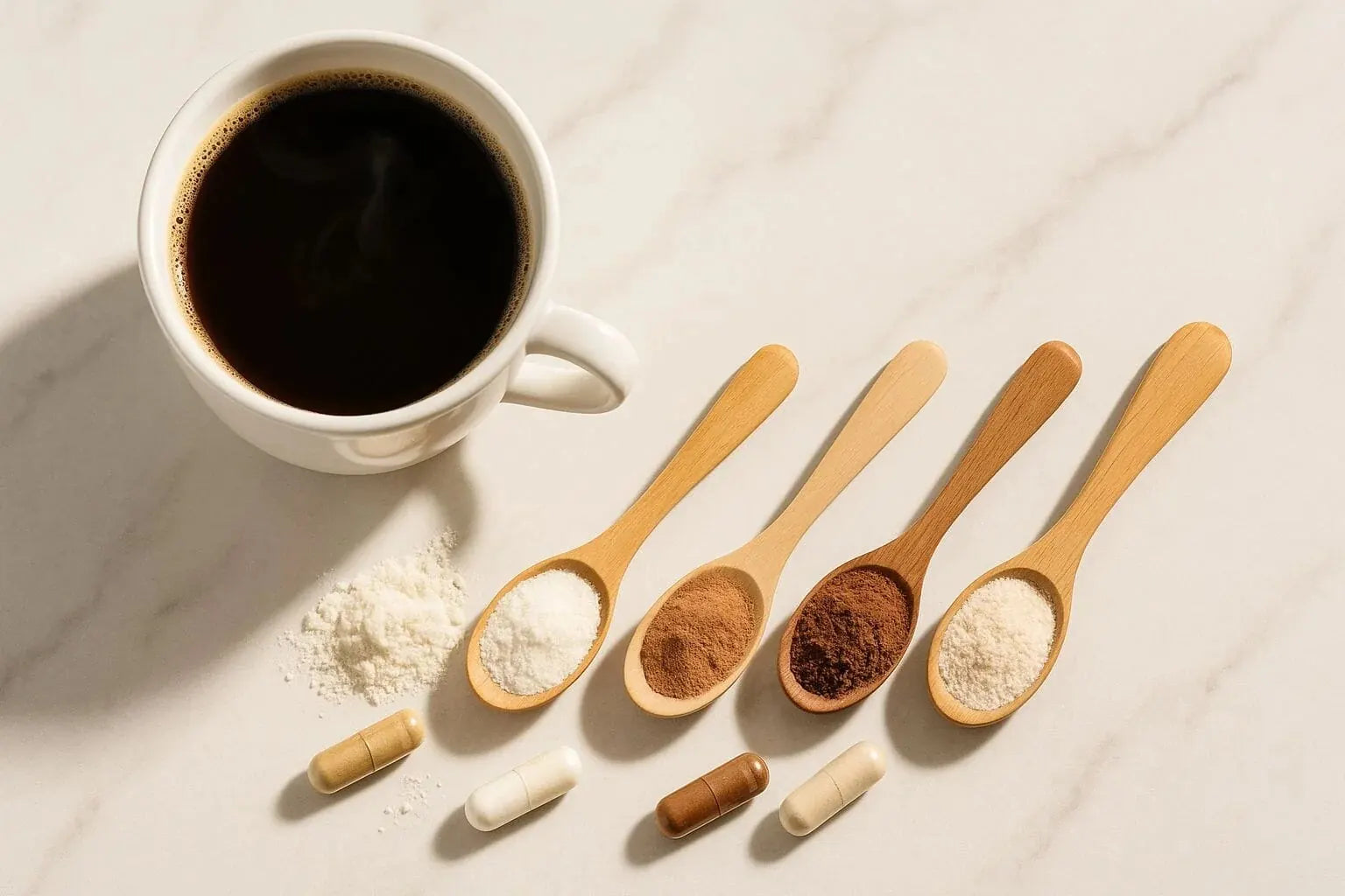 Une tasse de café à côté de cuillères de poudres et de gélules en vrac, illustrant l’encombrement d’une routine de compléments classique